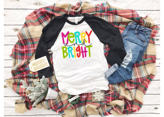 Christmas shirt,Merry and Bright shirt, Cheerful Bright Christmas Shirt, Merry Shirt, Raglan, Baseball Style Shirt