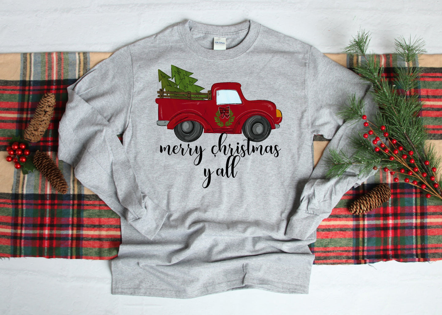 Merry Christmas Y'all, Christmas Shirt, Women Design Christmas Shirt, Unisex Long Sleeve, Christmas, Merry Christmas, Red Truck, Farm truck