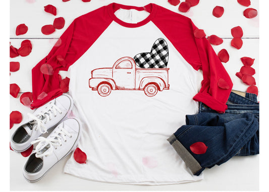 Red Truck, Valentines Shirt, Valentines Day Shirt, Cute Valentine Shirt, Black Plaid Heart, Vintage Red Truck, Love Shirt, Raglan Unisex tee