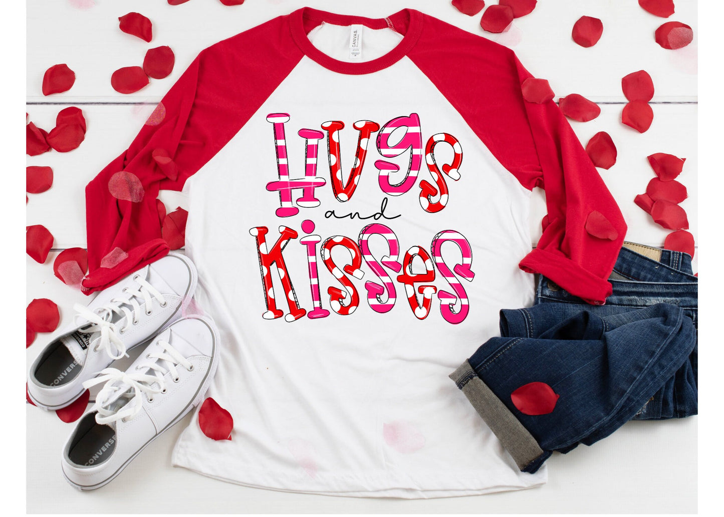 Hugs & Kisses | Valentine's Tee | Graphic Tee | Love Tees | Unisex Fit | Hugs and Kisses Tee | Cute Graphic Valentine's Raglan Unisex tee