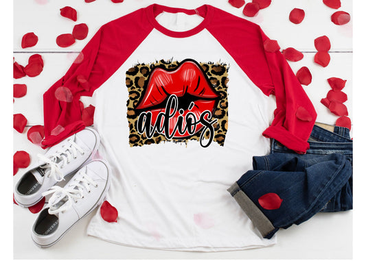 Valentines Shirt, Valentines Day Shirt, Cute Valentine Shirt, Valentines Lips Adios Shirt, Love Shirt, Raglan Unisex tee, Cheetah Print