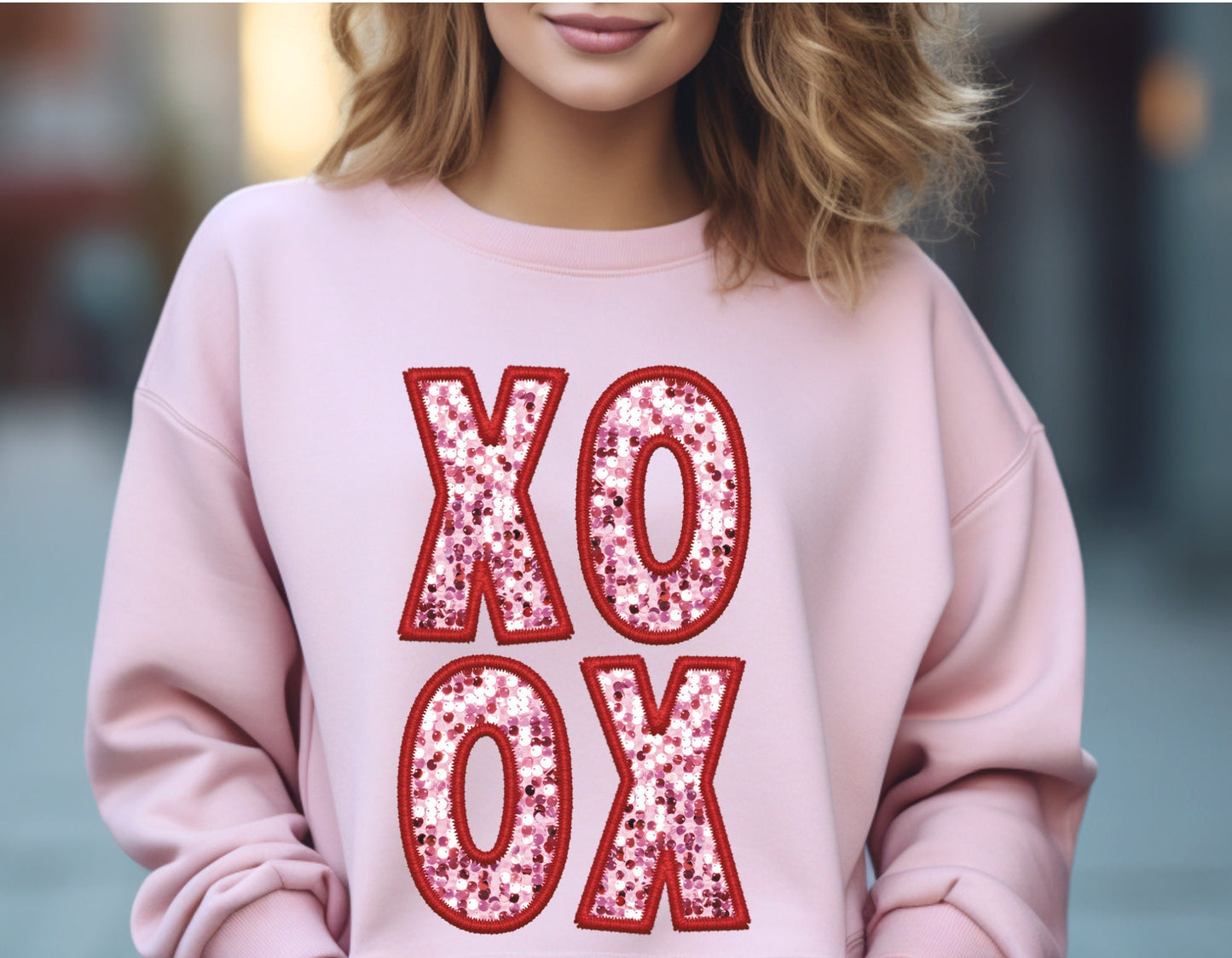 Oversized Valentines Sweatshirt, Lounge Soft Sweatshirt, XOXO Faux Stitch and Glitter, Valentine's Shirt, Womens Valentine's Shirt