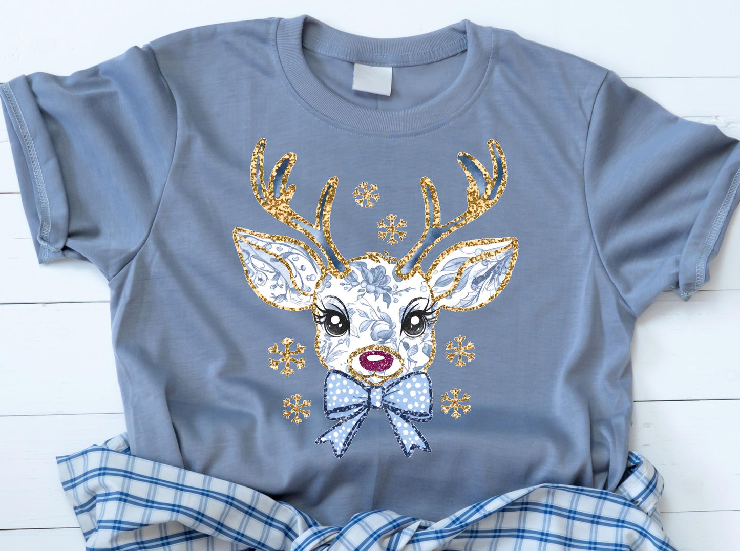 Blue and White Christmas Reindeer T-Shirt, Comfort Colors Short Sleeve Tee, Faux Sequin Glitter Holiday Graphic Shirt, Festive Christmas