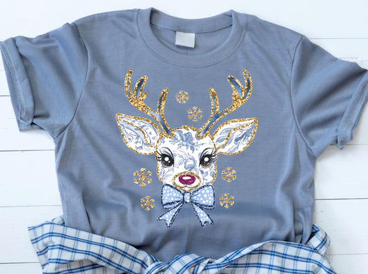 Blue and White Christmas Reindeer T-Shirt, Comfort Colors Short Sleeve Tee, Faux Sequin Glitter Holiday Graphic Shirt, Festive Christmas