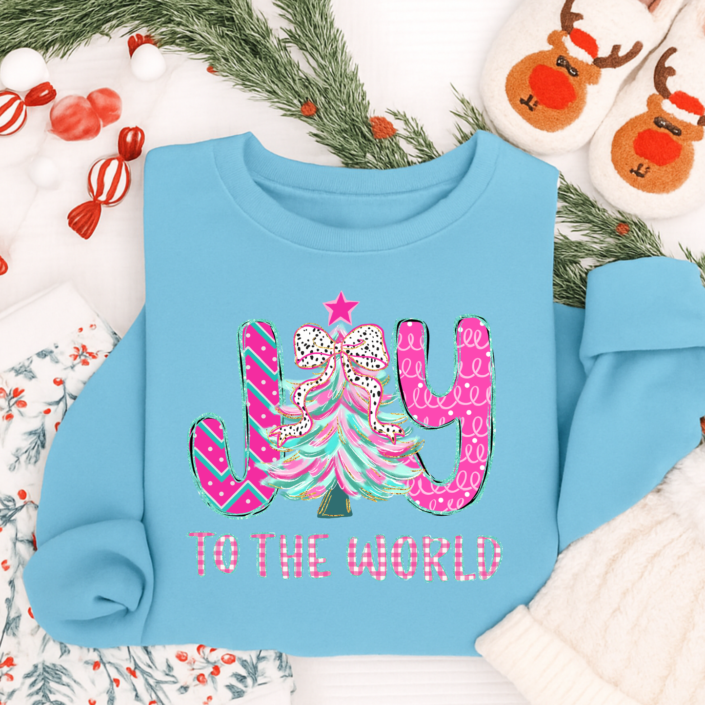 Joy to the World Christmas Shirt – Pink & Teal Pastel Christmas Tree Tee for Kids & Adults | Cute Holiday T-Shirt, Long Sleeve, Sweatshirt & Hoodie