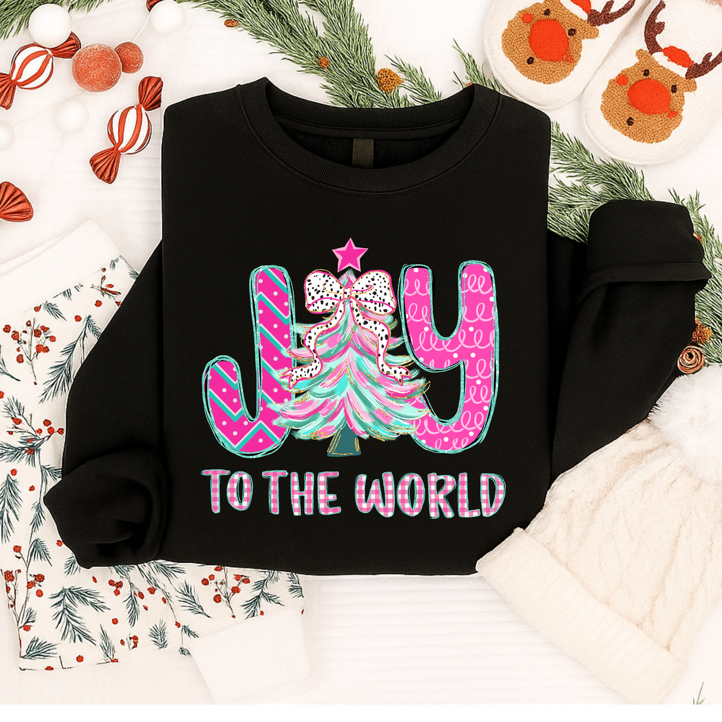 Joy to the World Christmas Shirt – Pink & Teal Pastel Christmas Tree Tee for Kids & Adults | Cute Holiday T-Shirt, Long Sleeve, Sweatshirt & Hoodie