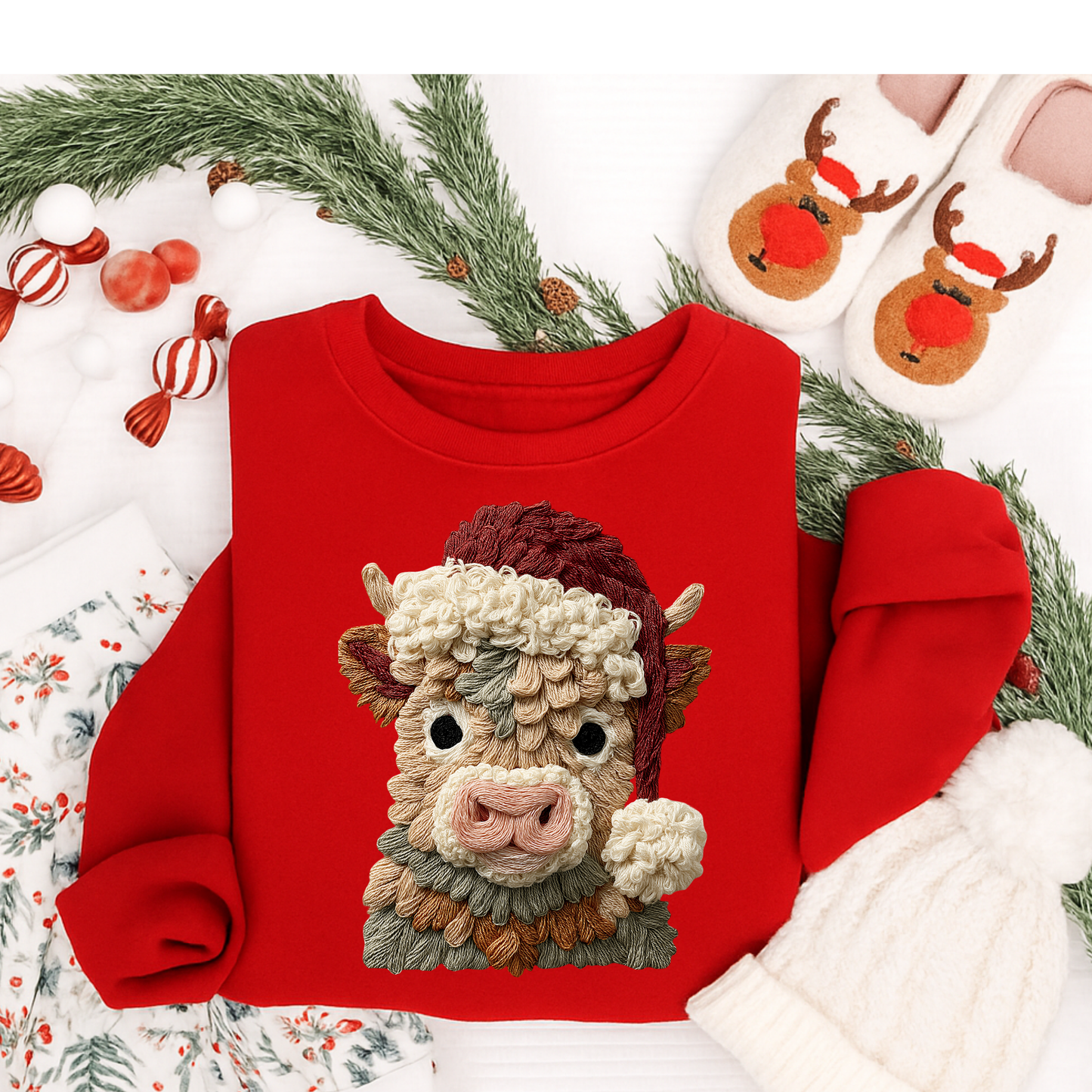 atch Hook Highland Cow Christmas Shirt – Textured Yarn Style Winter Cow Tee for Kids & Adults | Cozy Holiday T-Shirt, Long Sleeve, Sweatshirt & Hoodie