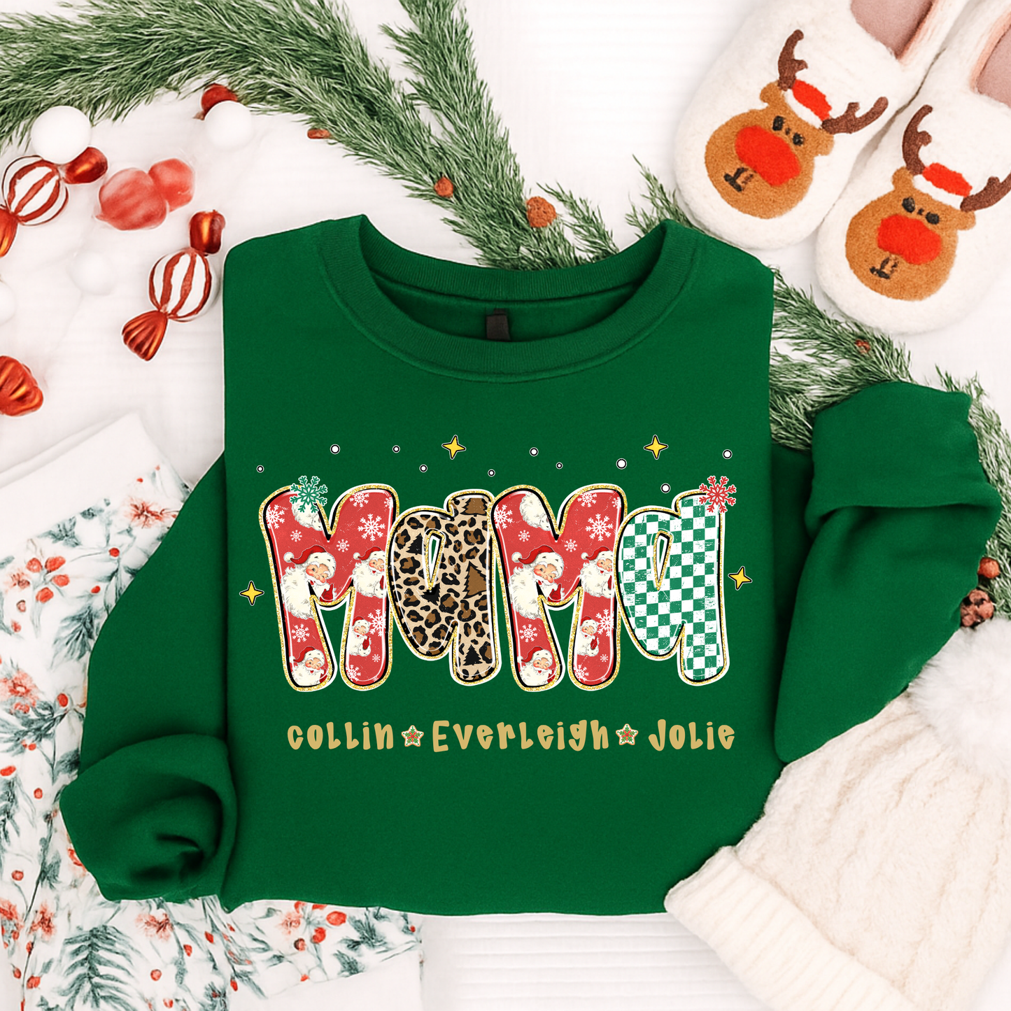 Personalized MAMA Christmas Shirt – Custom Kids Name Family Christmas Tee for Moms | Holiday T-Shirt, Long Sleeve, Sweatshirt & Hoodie (Kids & Adults)