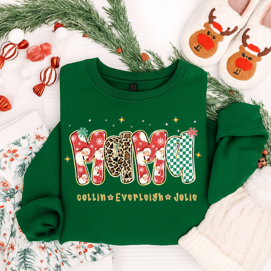 Personalized MAMA Christmas Shirt – Custom Kids Name Family Christmas Tee for Moms | Holiday T-Shirt, Long Sleeve, Sweatshirt & Hoodie (Kids & Adults)