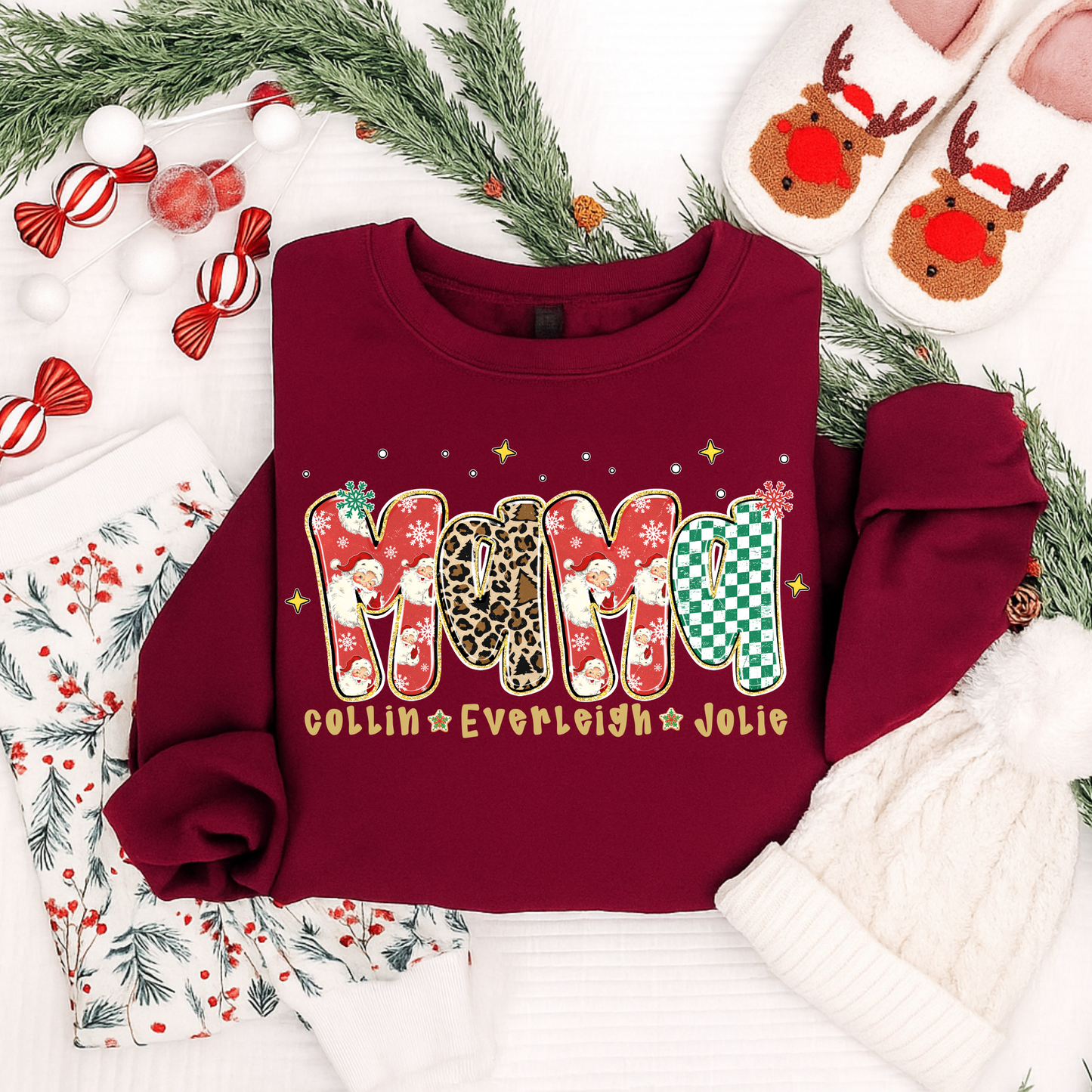 Personalized MAMA Christmas Shirt – Custom Kids Name Family Christmas Tee for Moms | Holiday T-Shirt, Long Sleeve, Sweatshirt & Hoodie (Kids & Adults)