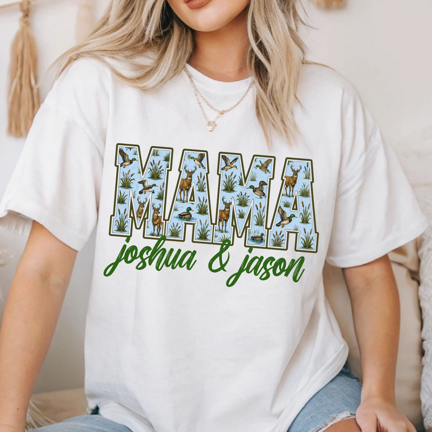 Custom Hunting Mama Graphic T-Shirt, Personalized Deer Duck Camo Mom Tee, Custom Name Mama Shirt for Women (Blue)