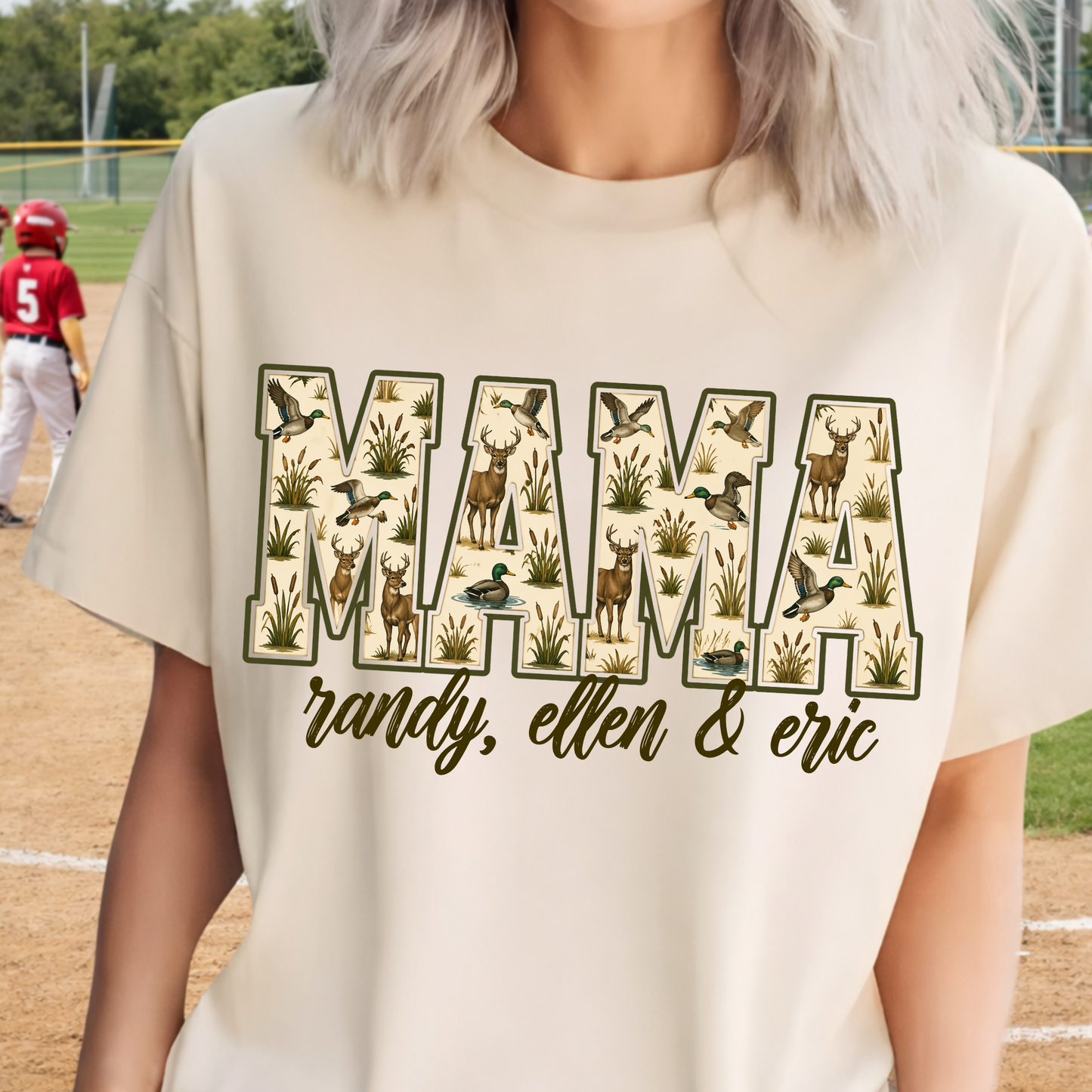 Custom Hunting Mama Graphic T-Shirt, Personalized Deer Duck Camo Mom Tee, Custom Name Mama Shirt for Women (Ivory)