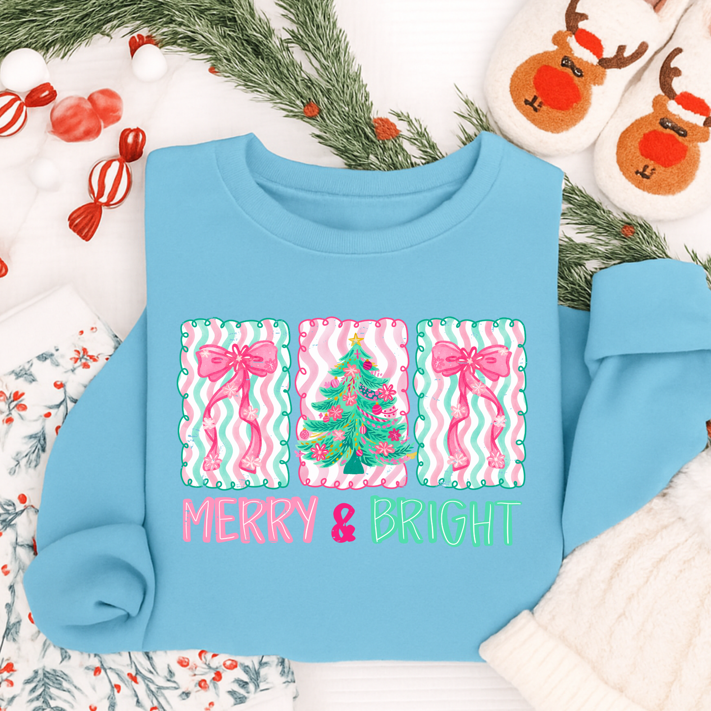 Merry & Bright Christmas Shirt – Pink & Green Holiday Bow & Tree Design for Kids & Adults | Cute Christmas Tee, Long Sleeve, Sweatshirt & Hoodie