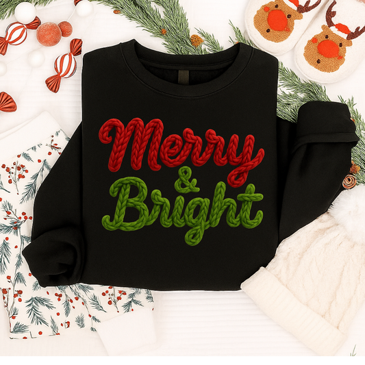 Merry & Bright Christmas Shirt – Red & Green Yarn Texture Holiday Tee for Kids & Adults | Cozy Christmas T-Shirt, Long Sleeve, Sweatshirt & Hoodie