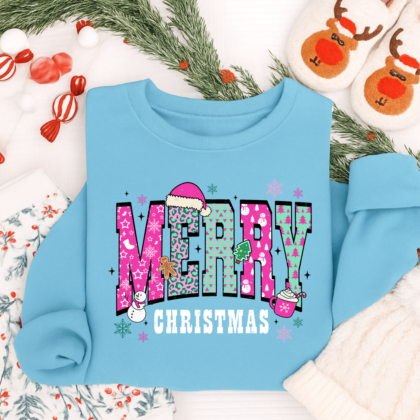 Merry Christmas Shirt – Pink & Green Festive Block Letter Tee for Kids & Adults | Cute Holiday T-Shirt, Long Sleeve, Sweatshirt & Hoodie