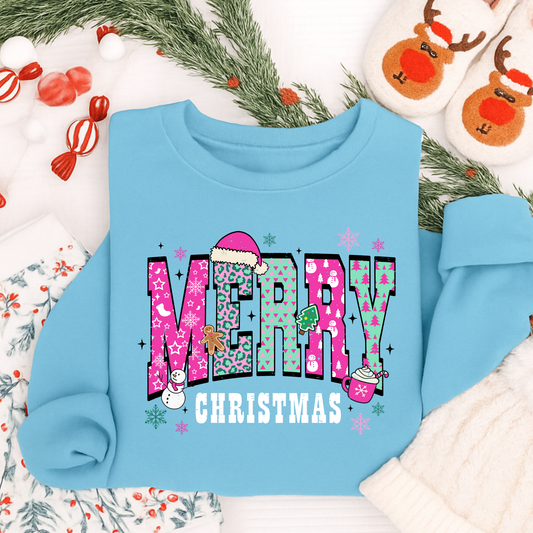 Merry Christmas Shirt – Pink & Green Festive Block Letter Tee for Kids & Adults | Cute Holiday T-Shirt, Long Sleeve, Sweatshirt & Hoodie