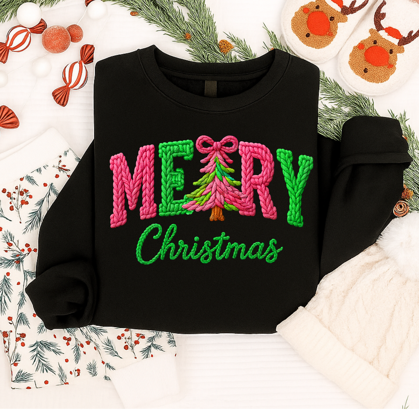 Merry Christmas Yarn Texture Shirt – Pink & Green Knitted Look Holiday Tee for Kids & Adults | Christmas T-Shirt, Long Sleeve, Sweatshirt & Hoodie