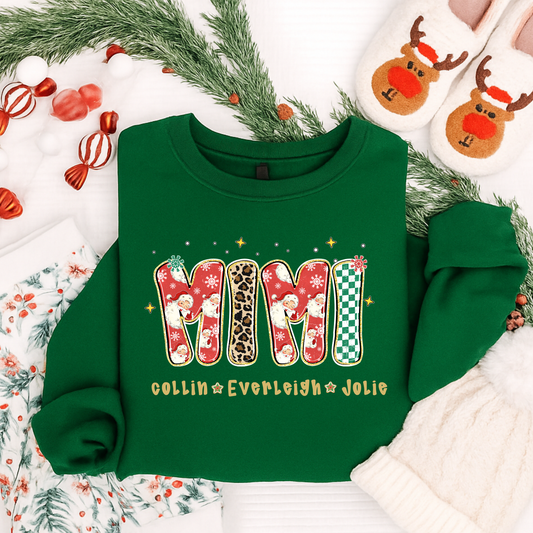 Personalized MIMI Christmas Shirt – Custom Grandkids Name Holiday Tee for Grandma | Christmas T-Shirt, Long Sleeve, Sweatshirt & Hoodie (Kids & Adults)