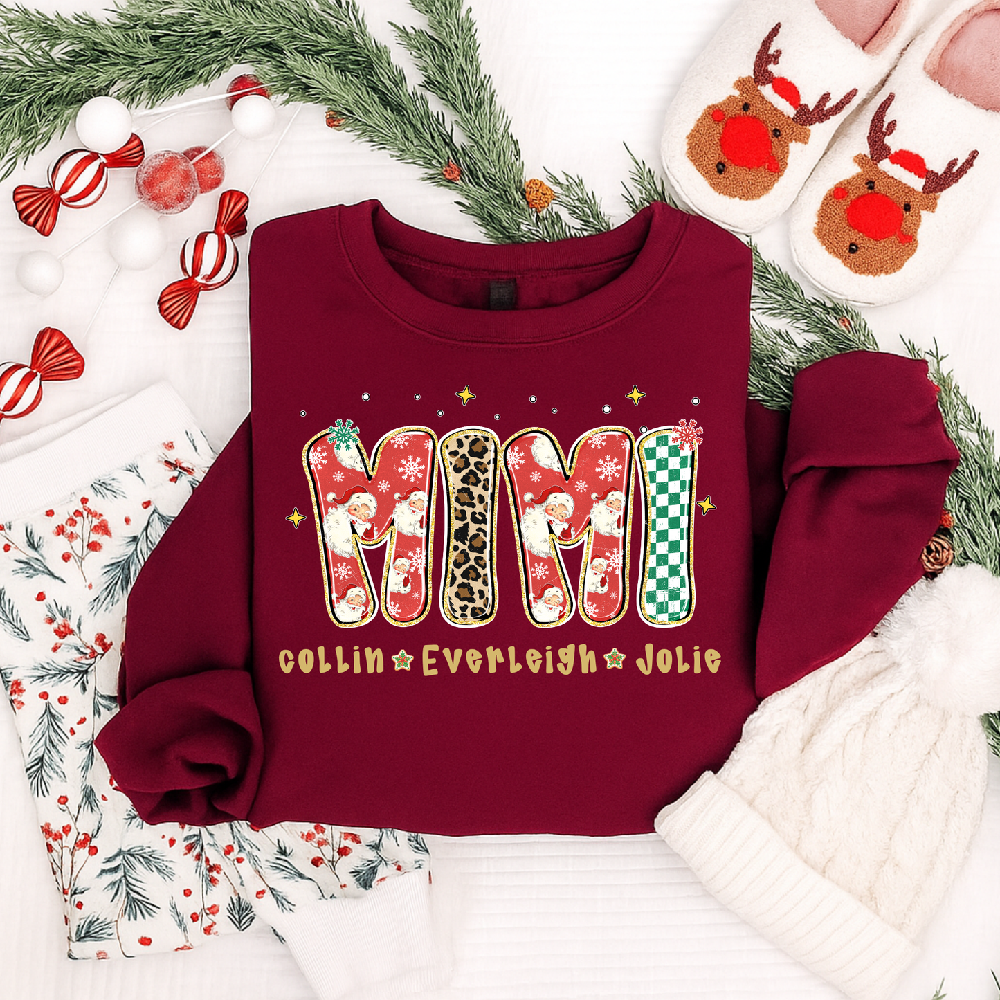 Personalized MIMI Christmas Shirt – Custom Grandkids Name Holiday Tee for Grandma | Christmas T-Shirt, Long Sleeve, Sweatshirt & Hoodie (Kids & Adults)