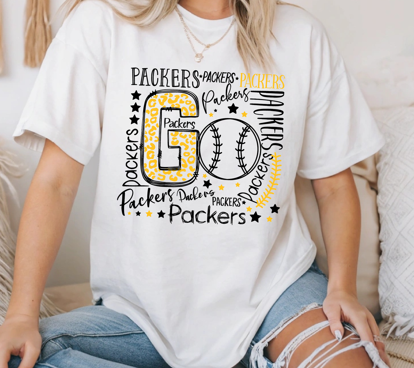 Packers Baseball Spirit Shirt – Black & Gold Leopard GO Graphic Tee, Game Day School Pride Unisex T-Shirt