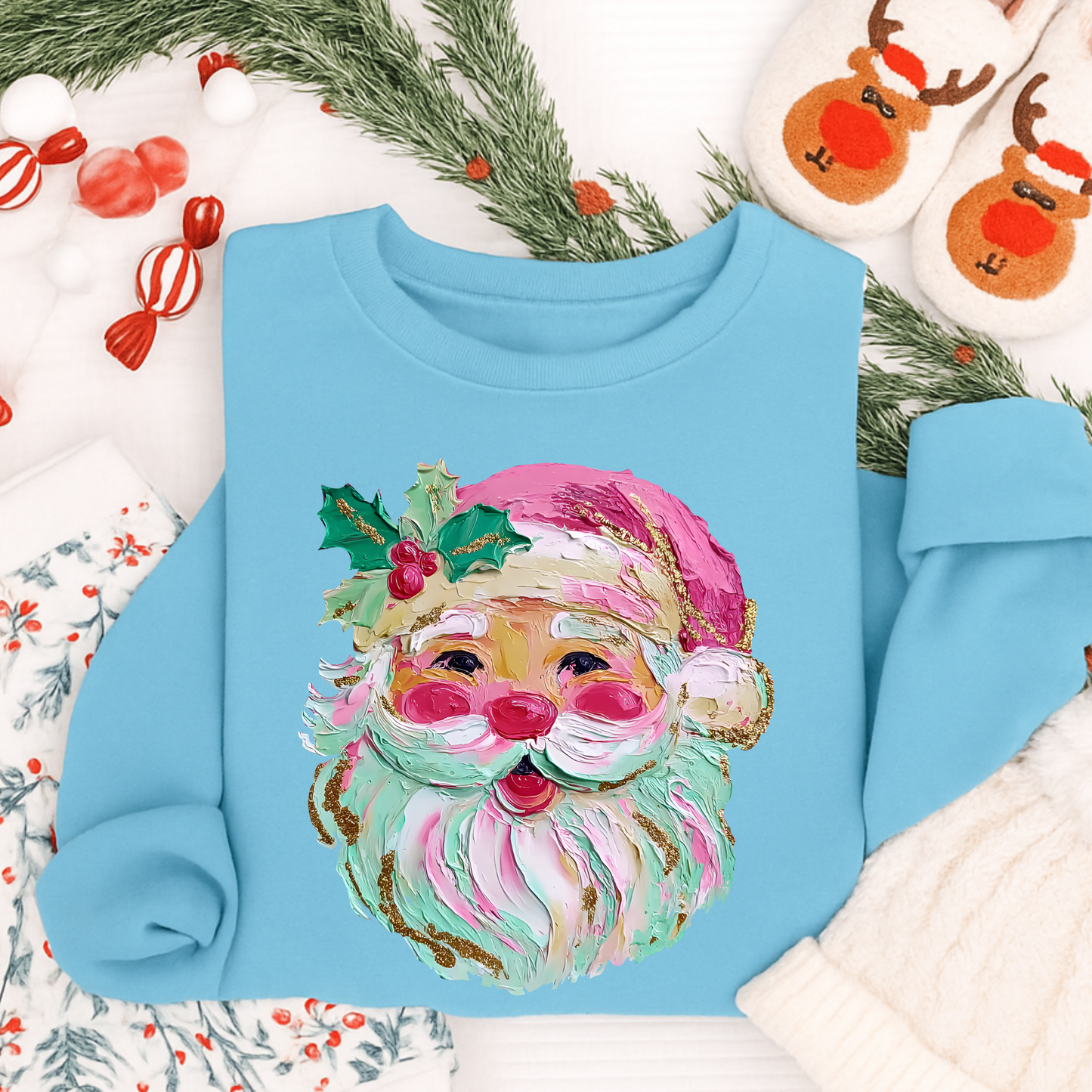 Faux Painted Santa Christmas Shirt, Sweatshirt & Hoodie – Colorful Pastel Holiday Design for Kids & Adults