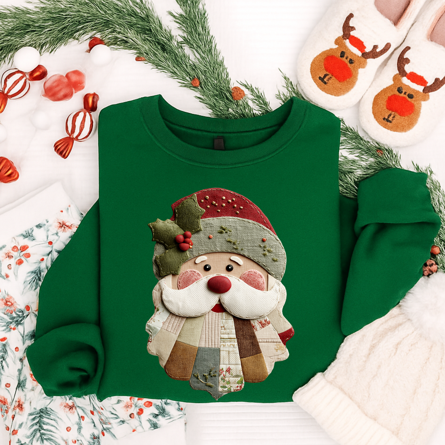 Patchwork Santa Shirt, Sweatshirt & Hoodie – Rustic Christmas Design for Kids & Adults
