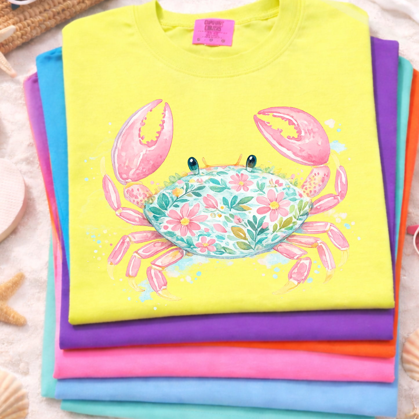 Pink Crab Coastal Graphic T-Shirt, Cute Beach Summer Tee, Watercolor Crab Shirt, Floral Ocean Life Shirt, Coastal Graphic Tee for Women Kids Adults