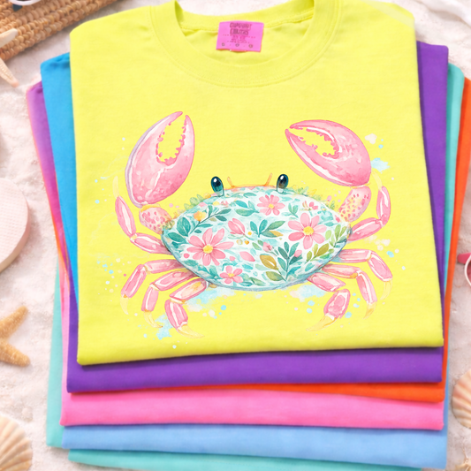 Pink Crab Coastal Graphic T-Shirt, Cute Beach Summer Tee, Watercolor Crab Shirt, Floral Ocean Life Shirt, Coastal Graphic Tee for Women Kids Adults