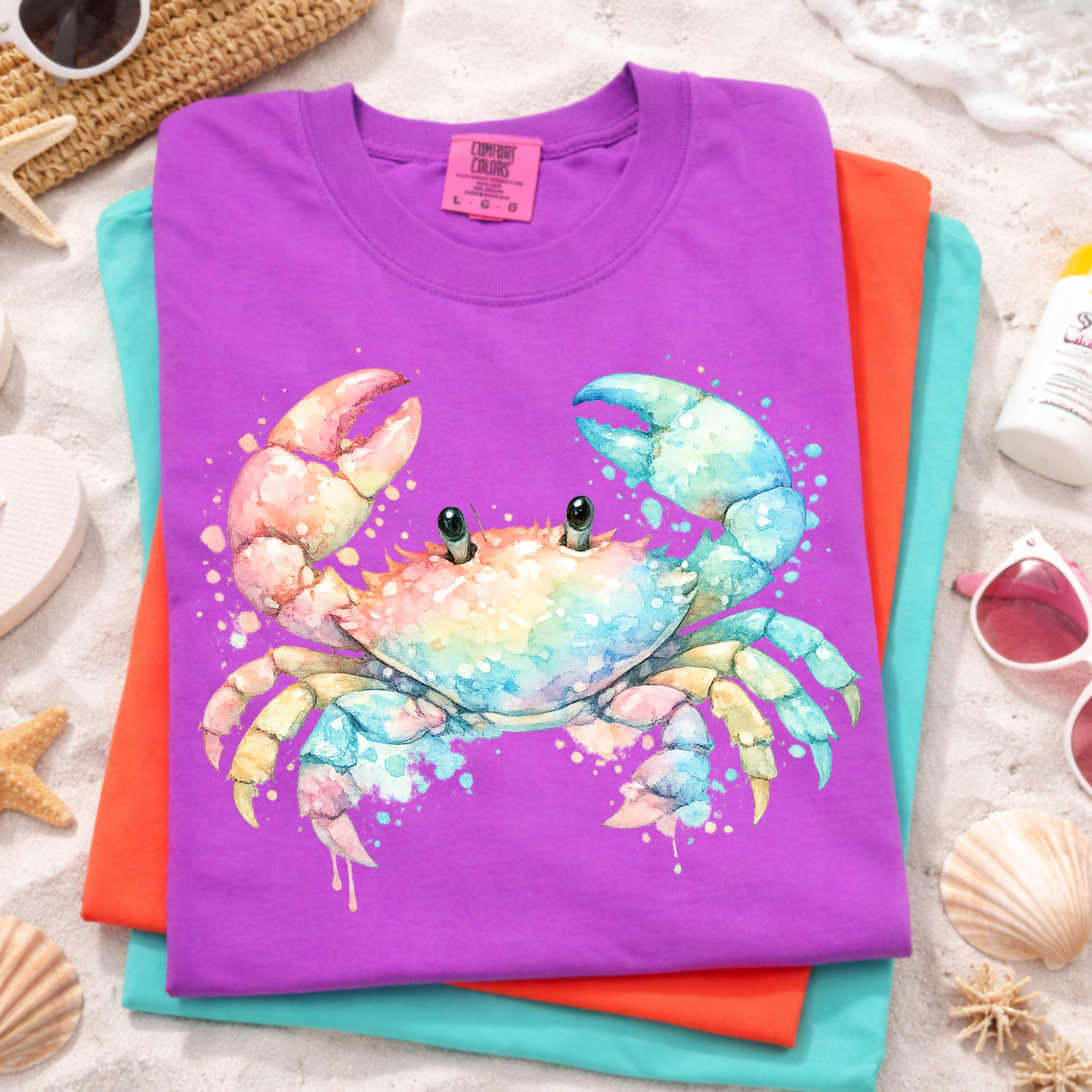 Rainbow Crab Coastal Graphic T-Shirt, Watercolor Crab Shirt, Cute Beach Summer Tee, Ocean Life Graphic Shirt, Coastal Tee for Women Kids Adults