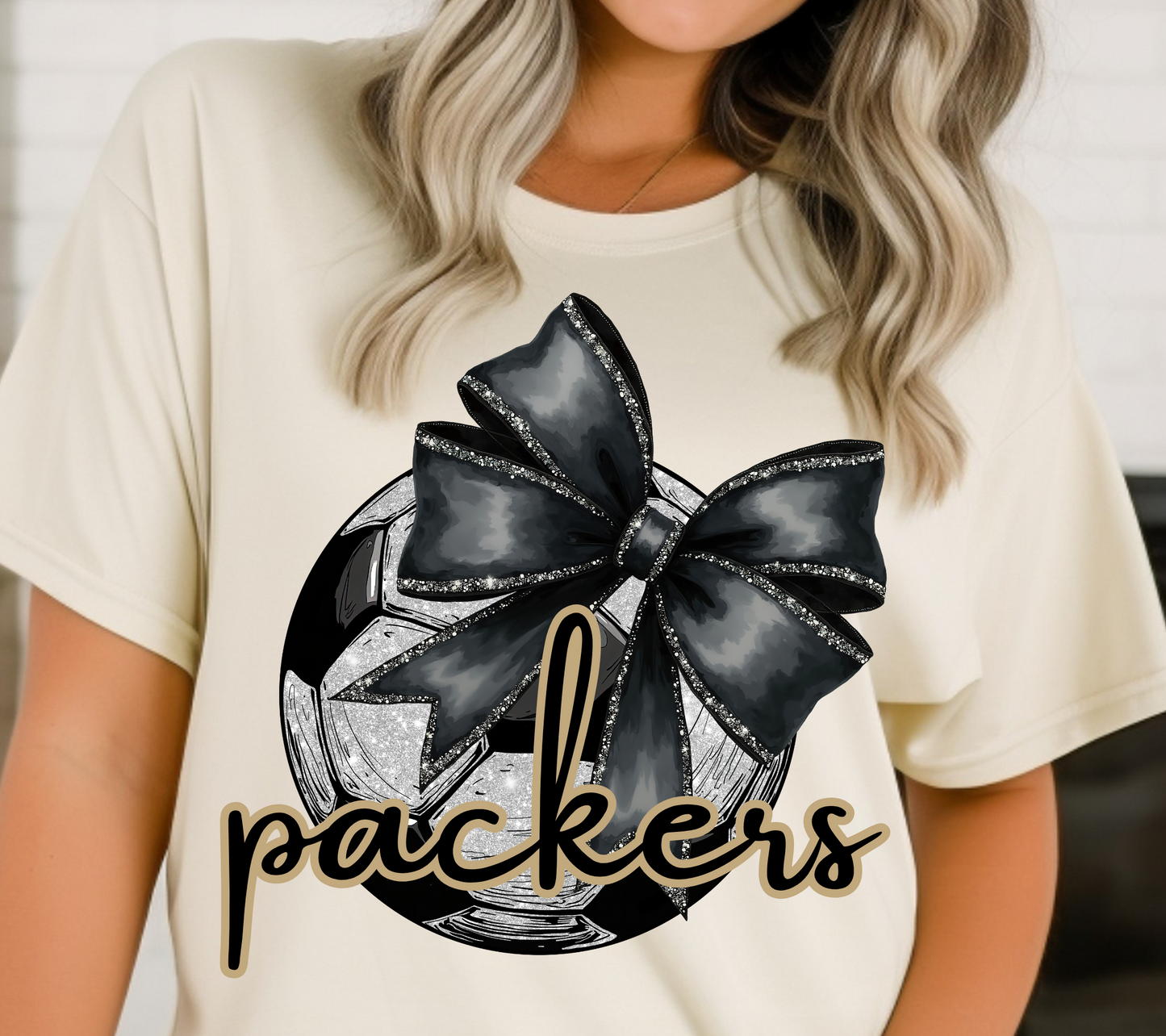 Adult Colquitt County Packers Soccer Season Soccer Ball Glitter Bow Packers T-Shirt