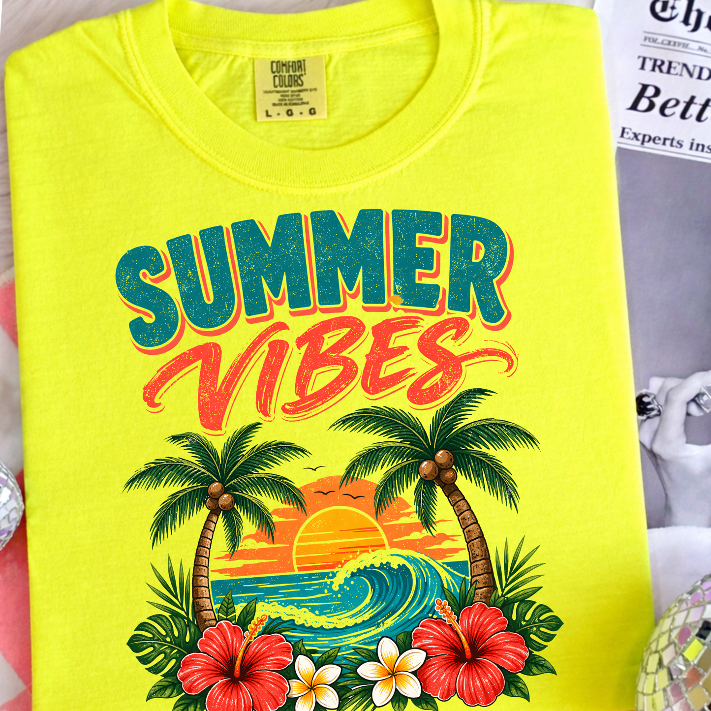 Summer Vibes Palm Tree Graphic T-Shirt, Tropical Beach Sunset Tee, Vacation Summer Shirt for Women Kids Adults)