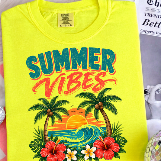 Summer Vibes Palm Tree Graphic T-Shirt, Tropical Beach Sunset Tee, Vacation Summer Shirt for Women Kids Adults)