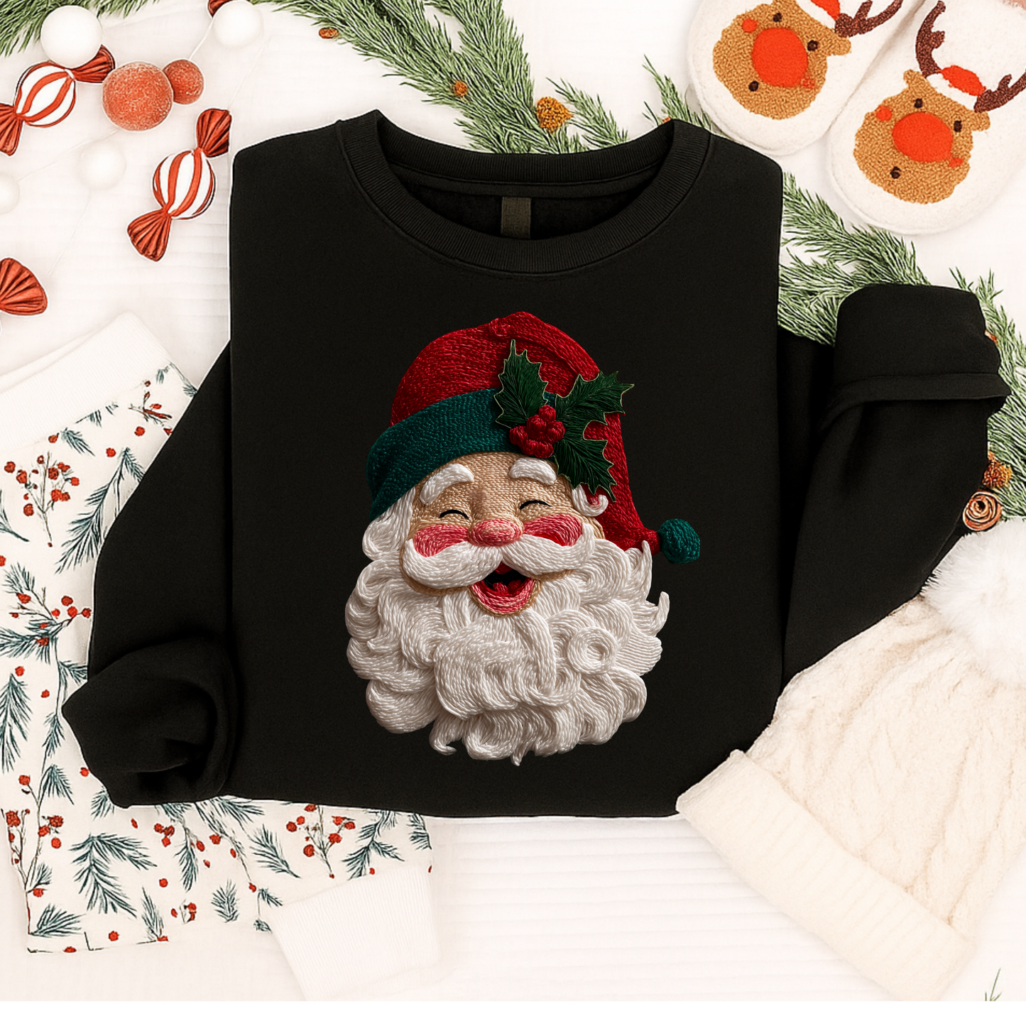 Faux Yarn Santa Christmas Shirt, Sweatshirt & Hoodie – Cozy 3D Santa Design for Kids & Adults