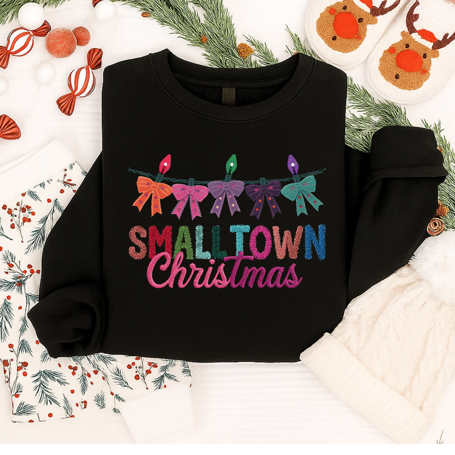 Small Town Christmas Shirt, Sweatshirt & Hoodie – Colorful Yarn Bow Holiday Lights Design for Kids & Adults