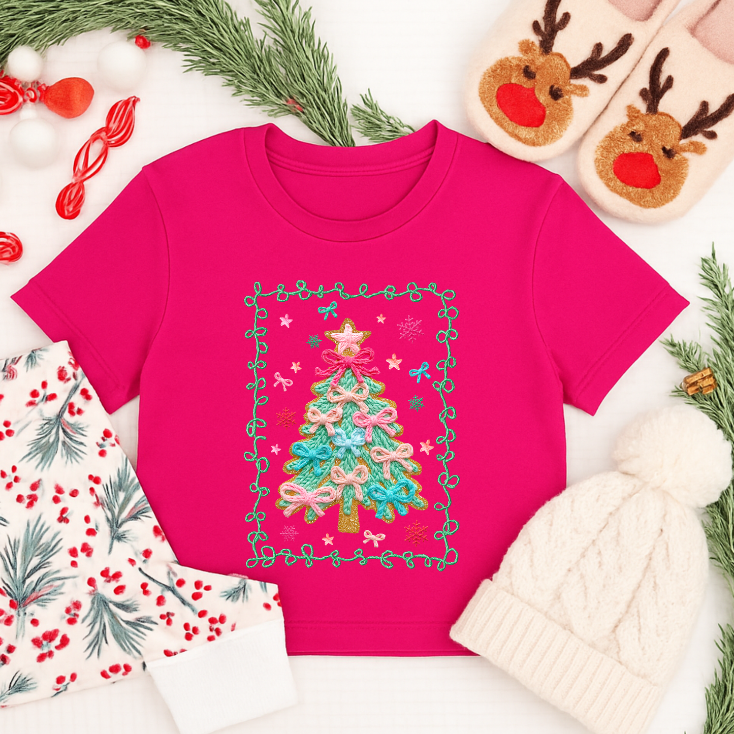 Pink and Green Faux Yarn Christmas Tree Shirt, Sweatshirt & Hoodie – Pastel Holiday Design for Kids & Adults